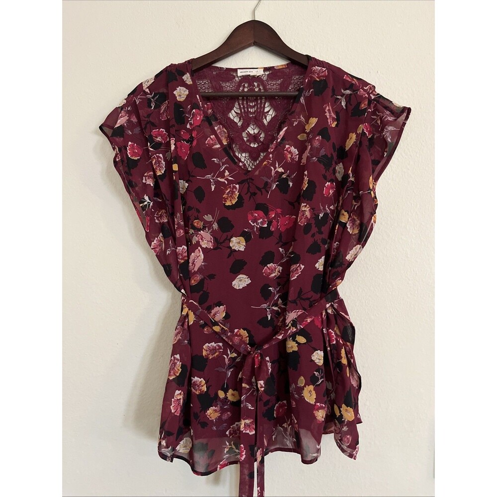 Anthropologie Meadow Rue Floral Rose Garden Ruffle Top Blouse Tie Waist SZ M